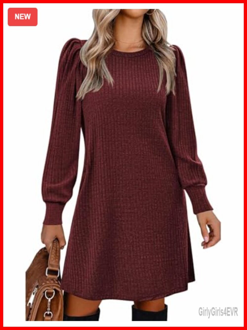 Knit Tunic Dress Puff Long Sleeve A-Line Knee Length Pullover Women